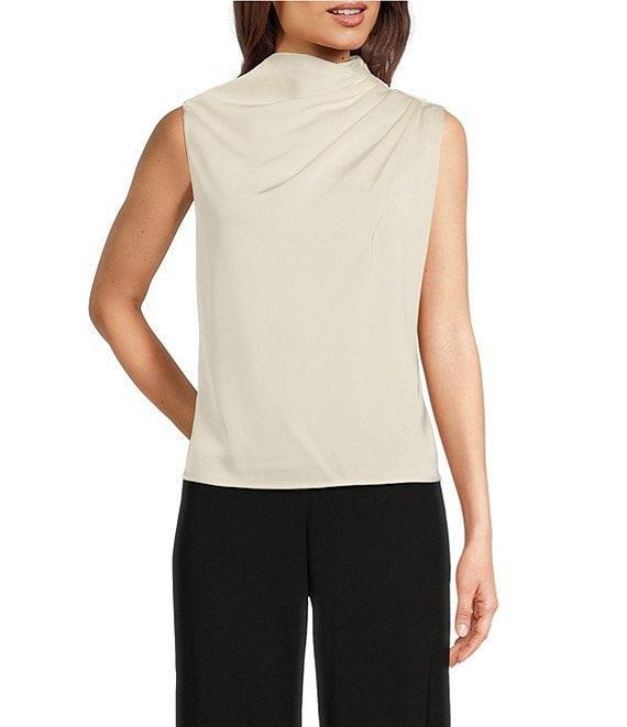 Donna Karan Draped Satin Sleeveless Mock Neck Gathered Shoulder Blouse Product Image