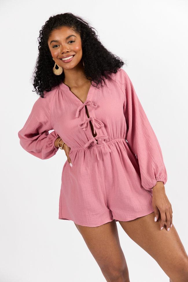 Endless Sunshine Pink Tie Front Long Sleeve Romper FINAL SALE Product Image