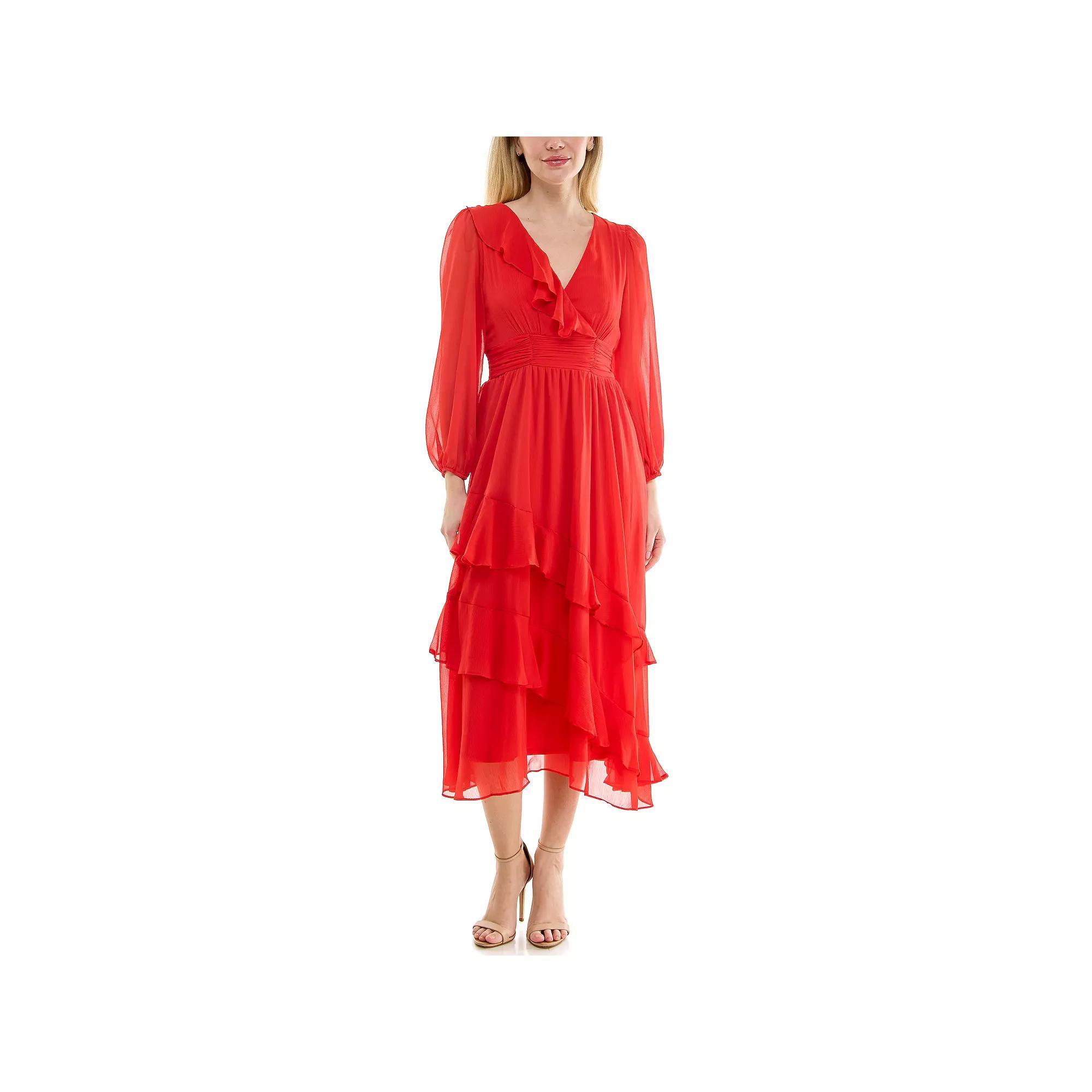 Women's Maison Tara Ruffle Neckline Cumberbund Waist Ruffle Tiered Skirt Maxi Dress, Size: 8 Product Image
