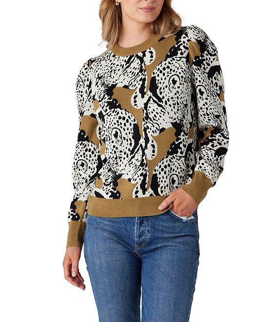 CROSBY by Mollie Burch Bixby Cashmere Blend Intarsia Leopard Crewneck Long Puff Sleeve Pullover Sweater Product Image