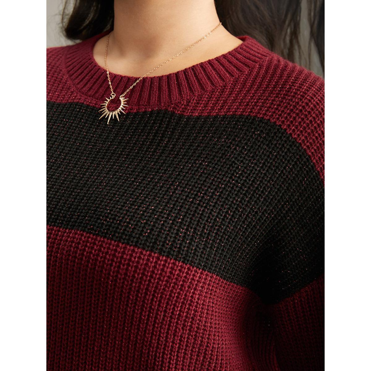 Plus Size Sparkly Two Tone Colorblock Pullover Scarlet Women Casual Loose Long Sleeve Round Neck Dailywear Pullovers BloomChic 26/4X Product Image
