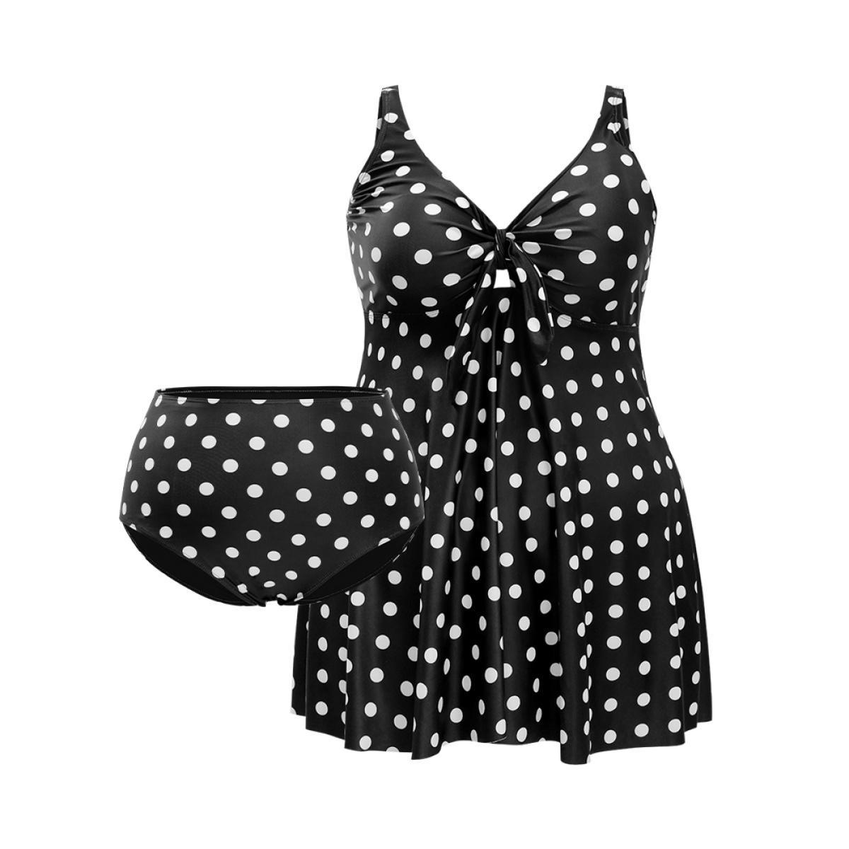 Plus Size Polka Dot Twist Front Adjustable Straps Swim Dress Women's Swimwear BlackFlower Vacation Bodycon Deep V-neck High stretch Curve Swim Dresses BloomChic 10/M Product Image