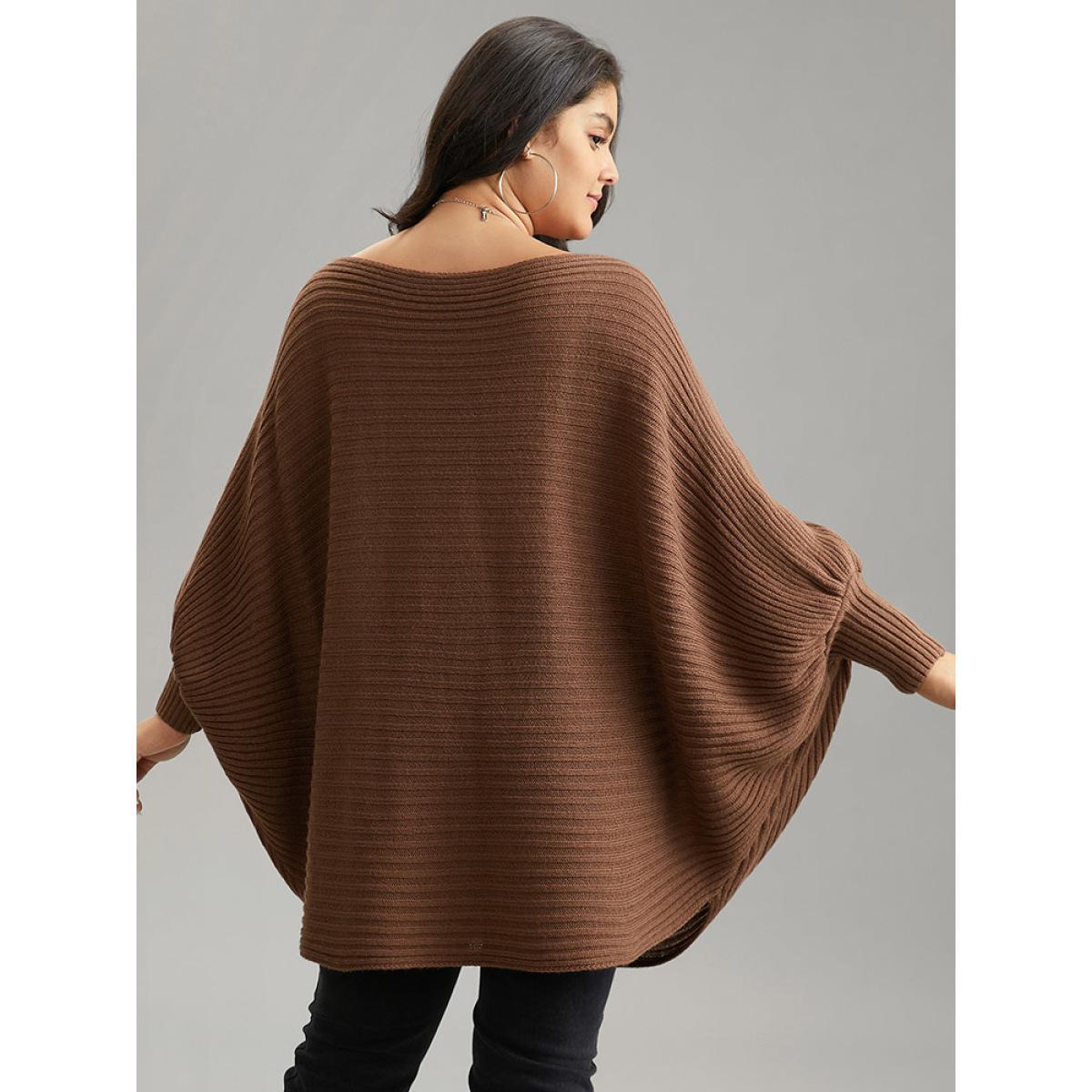 Plus Size Solid Textured Off Shoulder Batwing Sleeve Pullover DarkBrown Women Casual Loose Long Sleeve One-shoulder neck Dailywear Pullovers BloomChic 26/4X Product Image