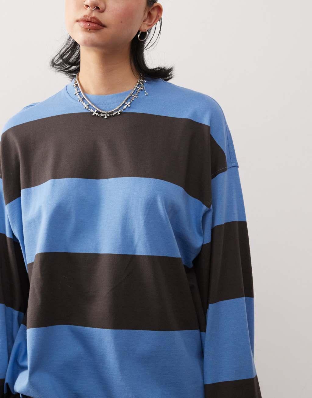 Weekday oversized long sleeve T-shirt in blue and gray stripe Product Image