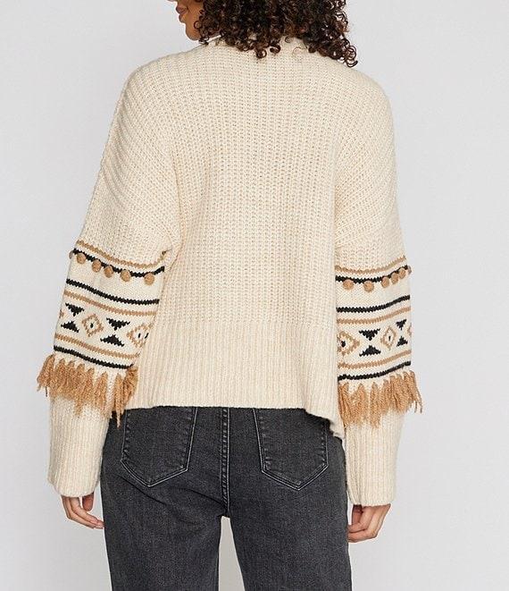 Driftwood Geometric 3D Tassel Pom-Pom Knit Crew Neck Long Sleeve Pullover Sweater Product Image
