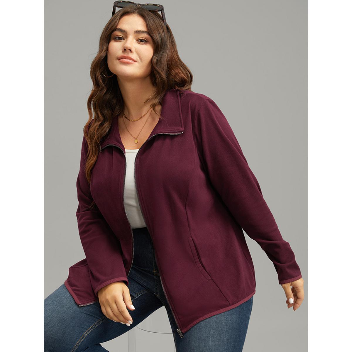 Plus Size Plain Zipper Fly Lapel Collar Jacket Women Burgundy Plain Pocket Dailywear Jackets BloomChic 28/5X Product Image