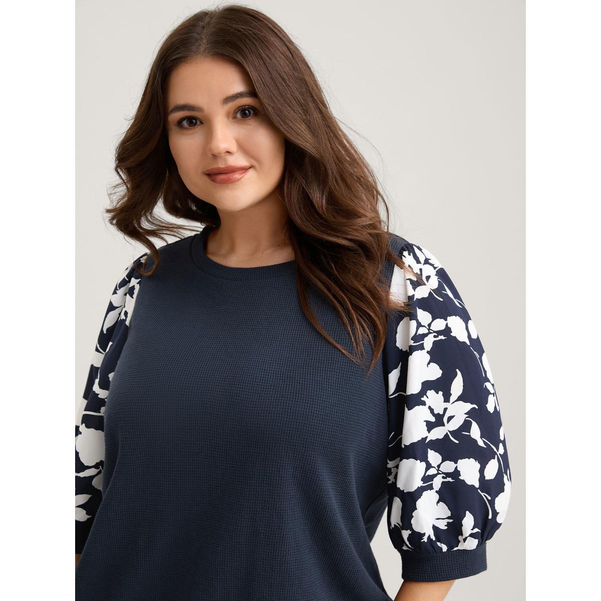 Plus Size Textured Floral Puffy Sleeve Sweatshirt Women Indigo Texture Round Neck Everyday-Elegant Sweatshirts BloomChic 22-24/3X Product Image