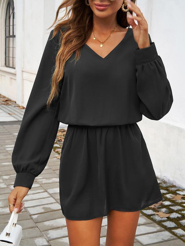 A-Line High Waisted Elasticity Pleated Solid Color V-Neck Mini Dresses Product Image