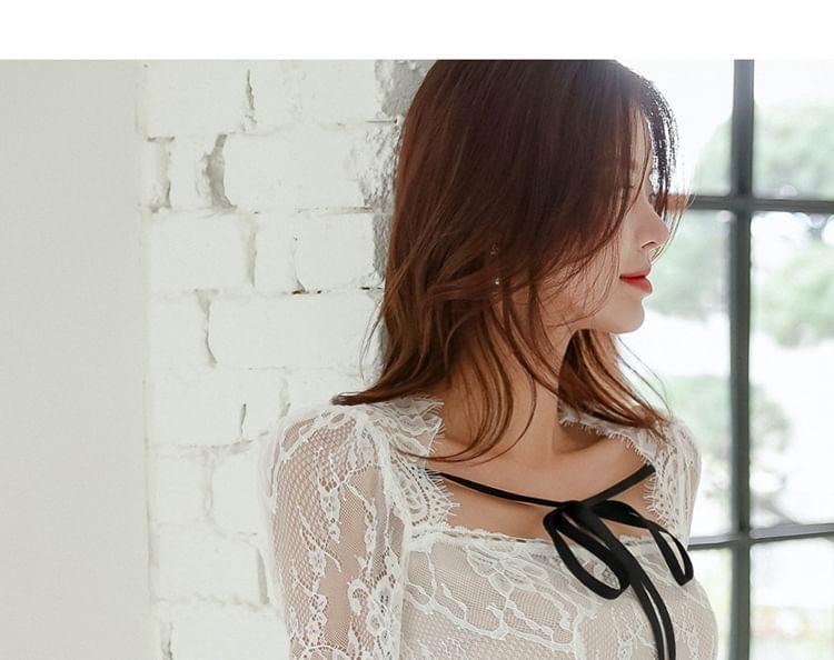 Long-Sleeve Square Neck Tie Front Slit Lace Midi Sheath Dress Product Image