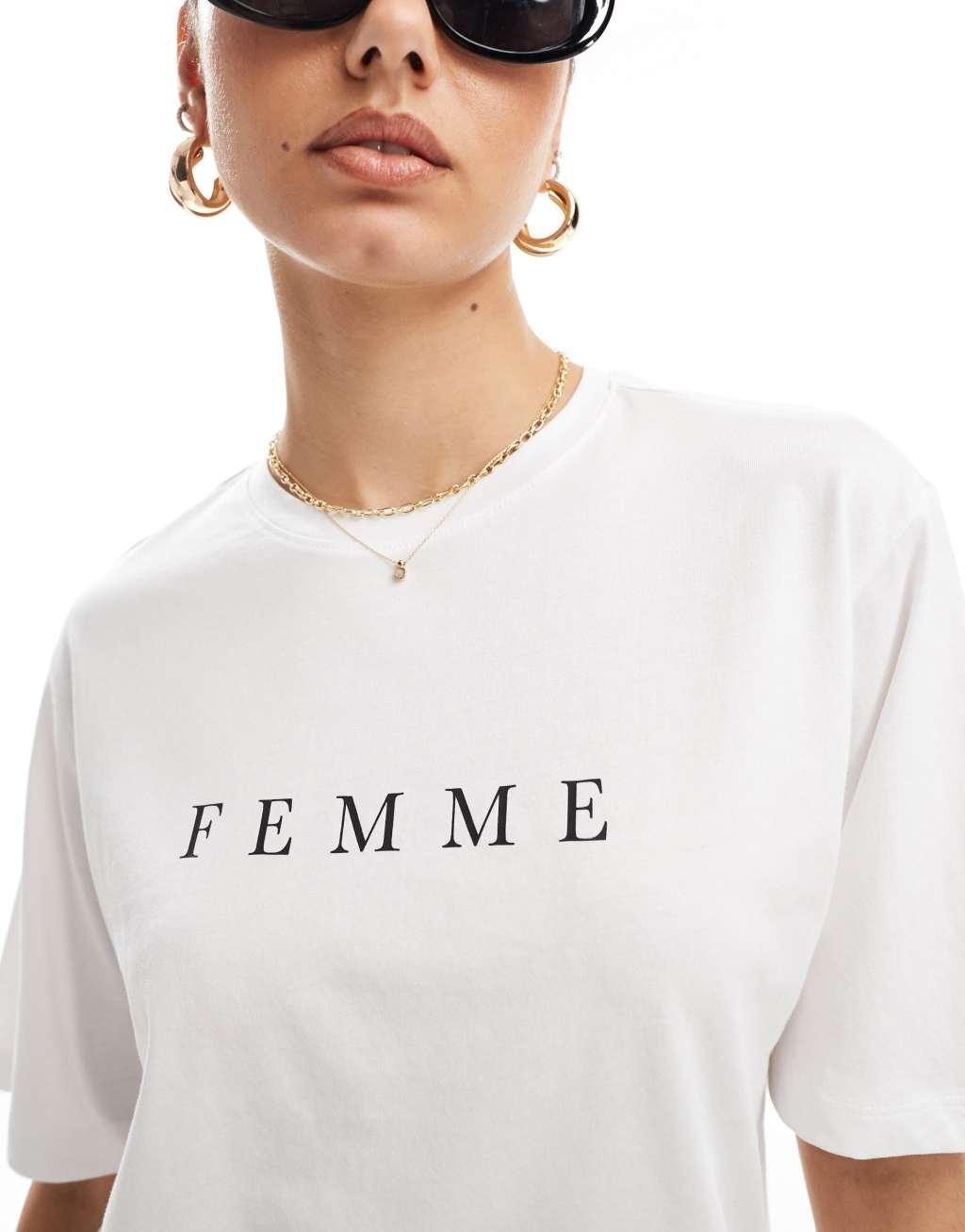 Selected Femme oversized t-shirt with Femme chest print in white  Product Image