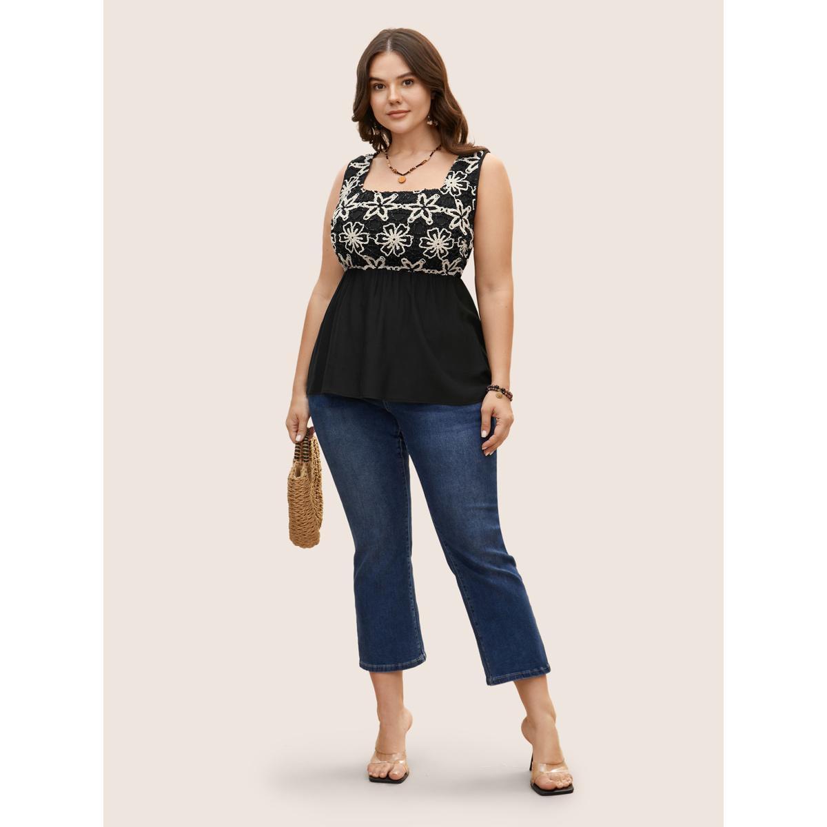 Plus Size Square Neck Crochet Floral Patchwork Tank Top Women Black Resort Contrast Square Neck Vacation Tank Tops Camis BloomChic 12/L Product Image