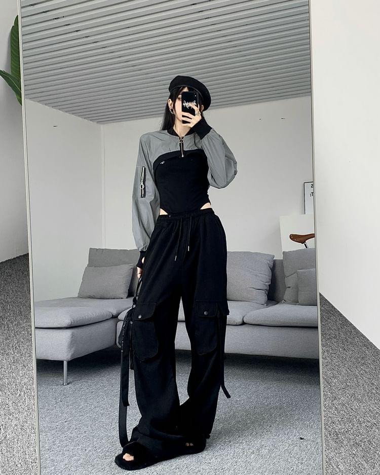 Sleeveless Scoop Neck Lettering Embroidered Bodysuit Top / Drawstring Waist Plain Wide Leg Cargo Pants / Two Tone Panel Crop Zip Jacket Product Image