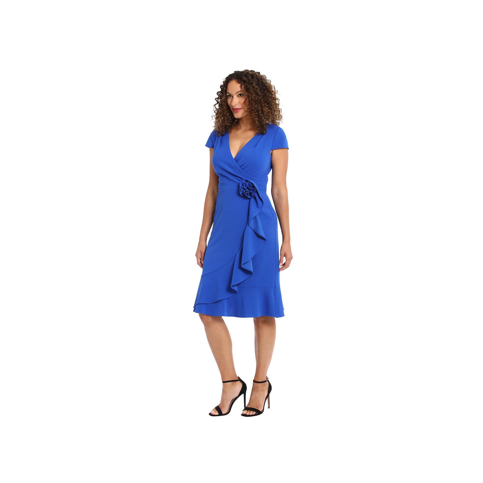 Petite London Times Surplice Neck Cap Sleeve Faux Wrap Cascade Ruffle Dress, Women's, Size: 4 Petite, Blue Product Image