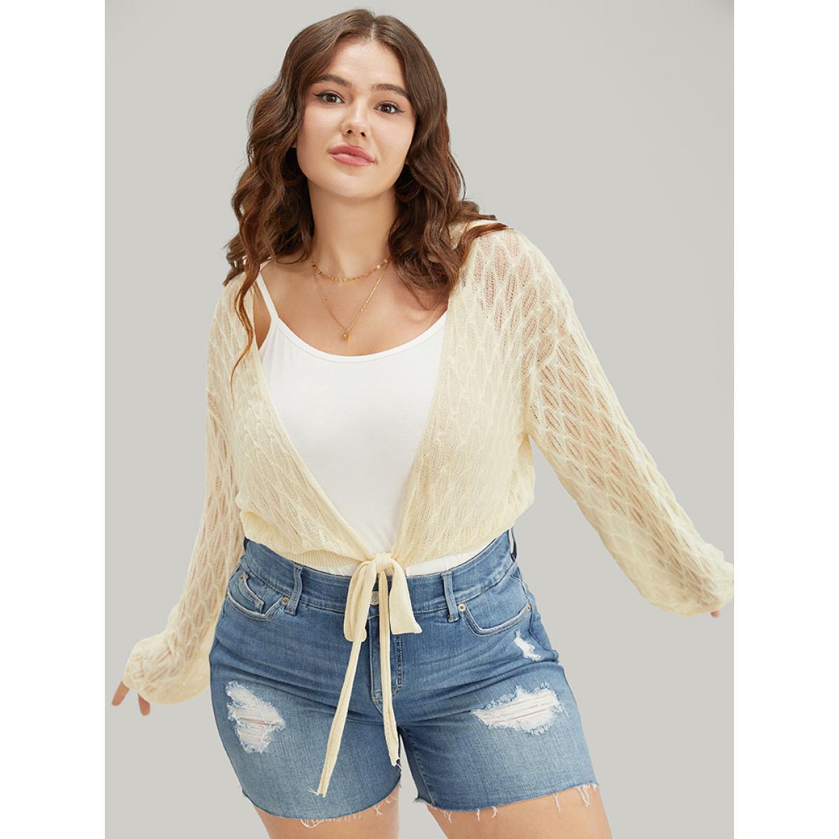 Plus Size Plain Argyle Eyelet Knotted Open Front Cardigan Beige Women Vacation Long Sleeve Going out Cardigans BloomChic 22-24/3X Product Image