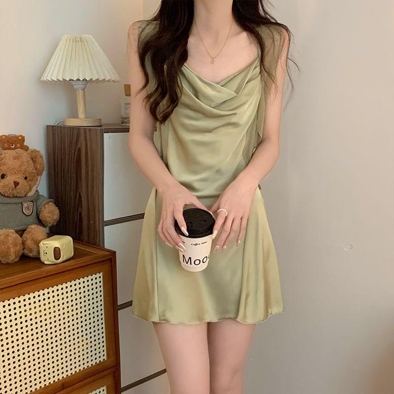 Sleeveless Cowl Neck Plain Padded Satin Nightdress Product Image
