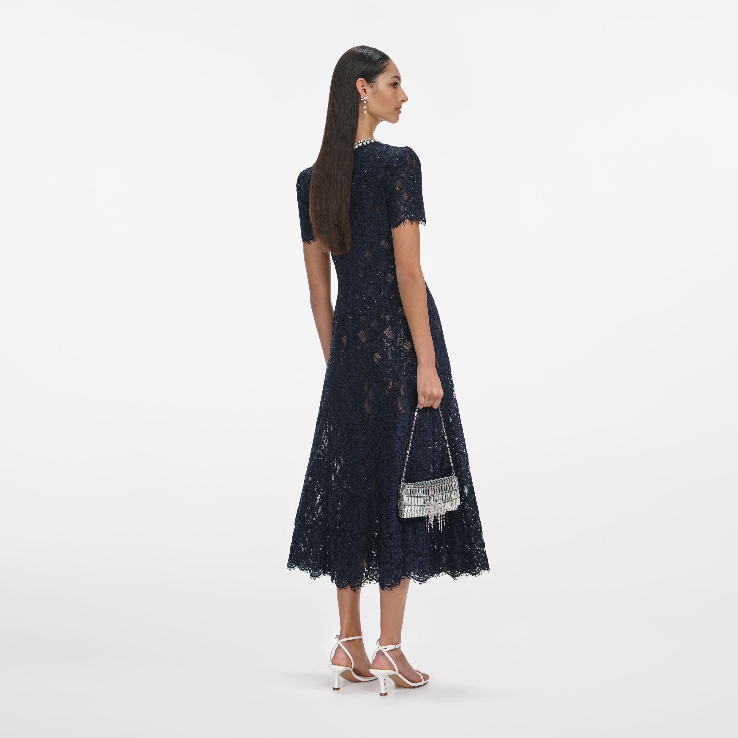 Navy Lace Embellished Midi Dress Product Image