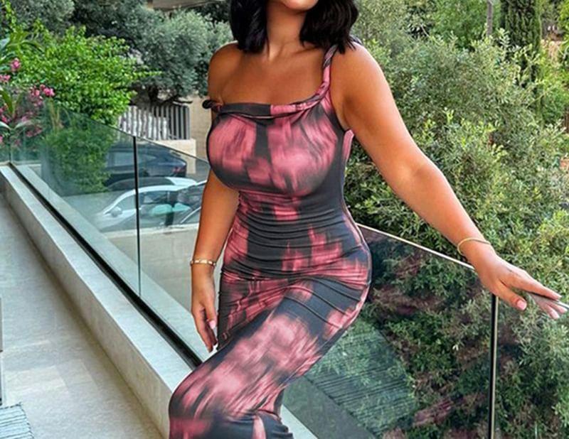 One Shoulder Tie Dye Ruched Bodycon Maxi Dress Product Image