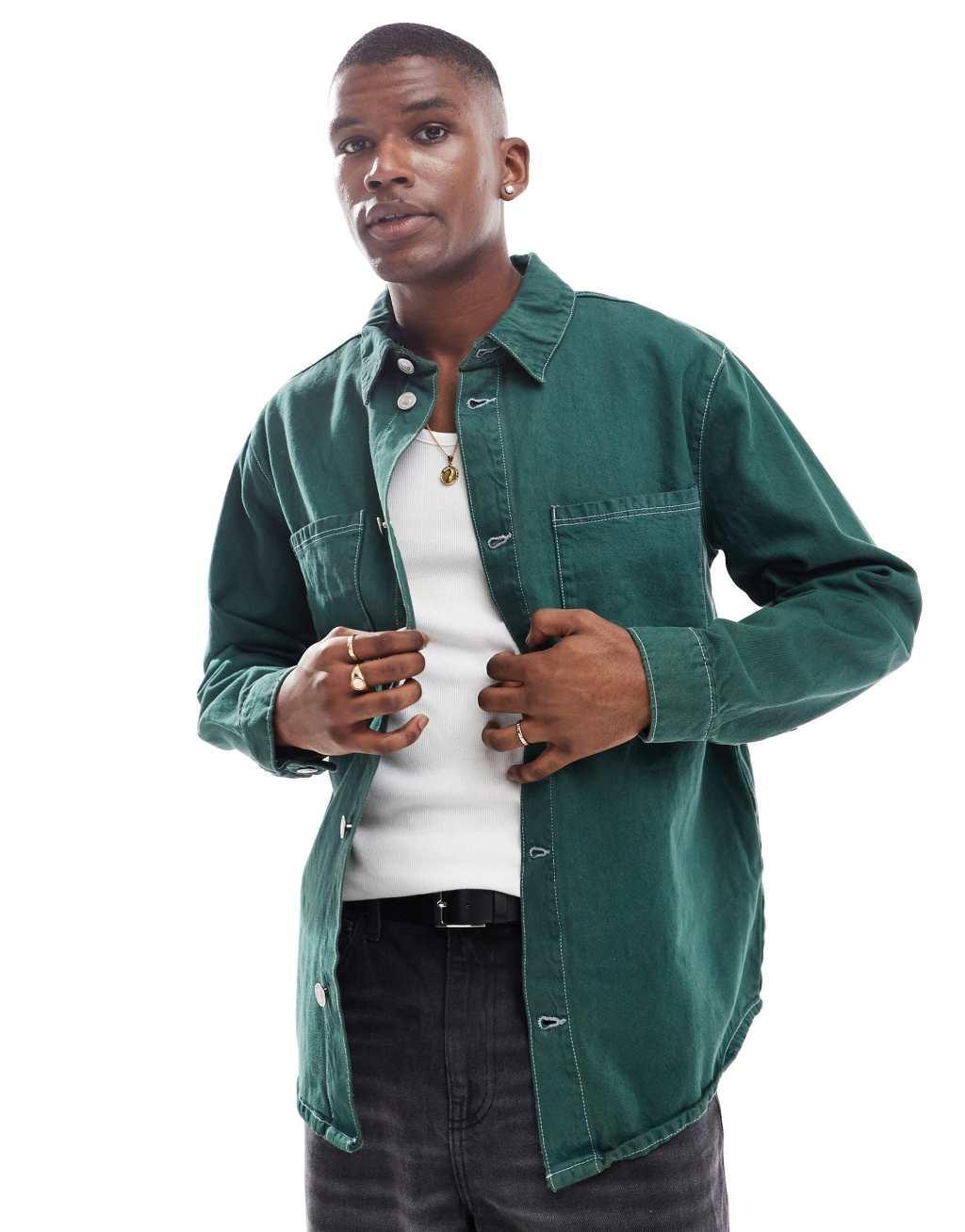 ONLY & SONS vintage fit denim overshirt in green  Product Image