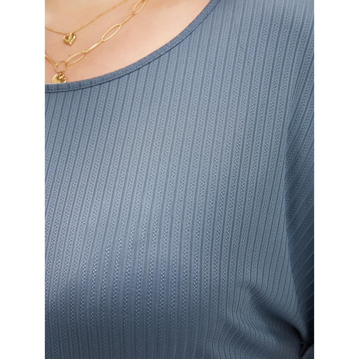 Plus Size Plain Round Neck Rib Knit Tee LightBlue Women Casual Plain Round Neck Dailywear T-shirts BloomChic 14-16/1X Product Image