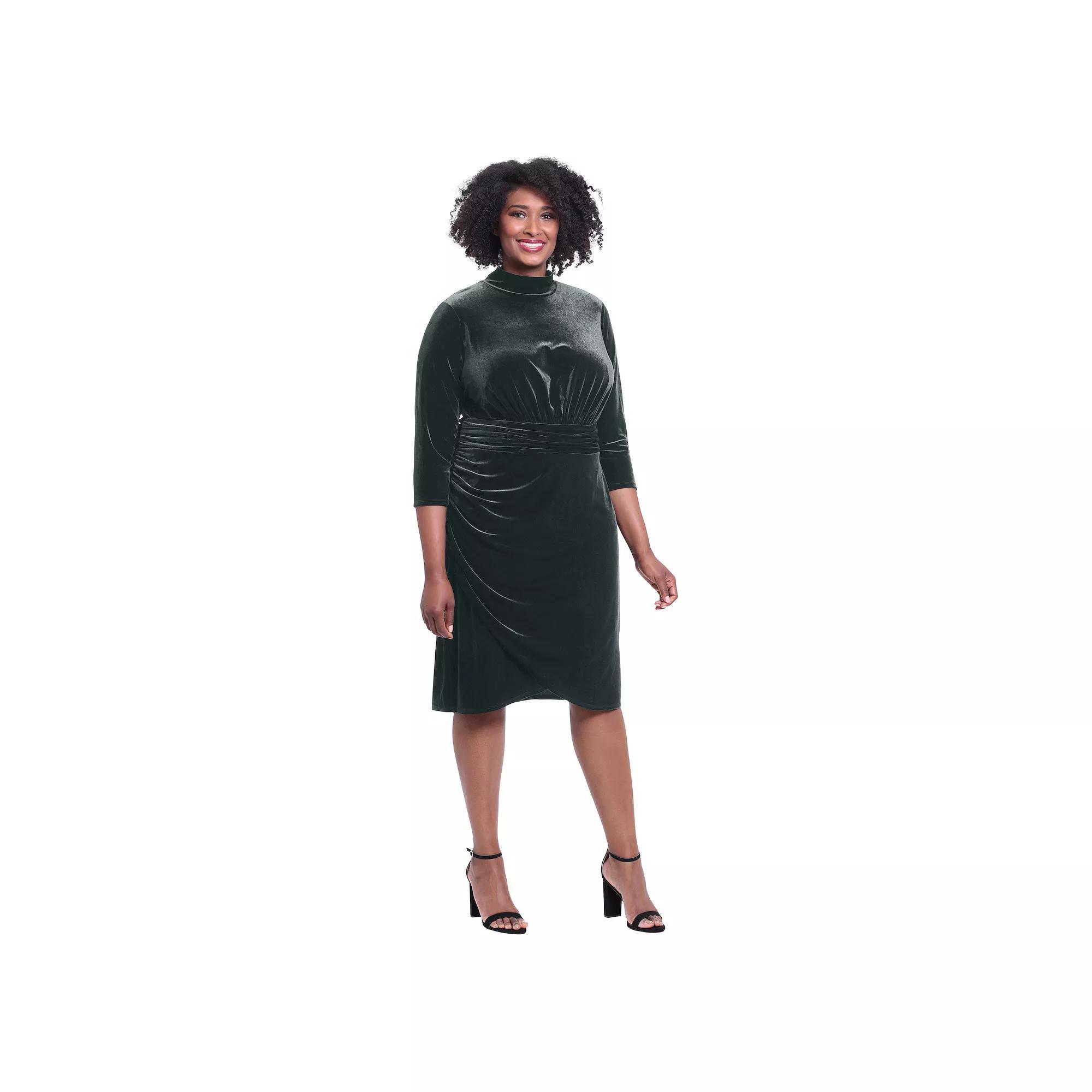 Plus Size London Times Mockneck Ruched Velvet Dress, Women's, Size: 18 W, Green Product Image