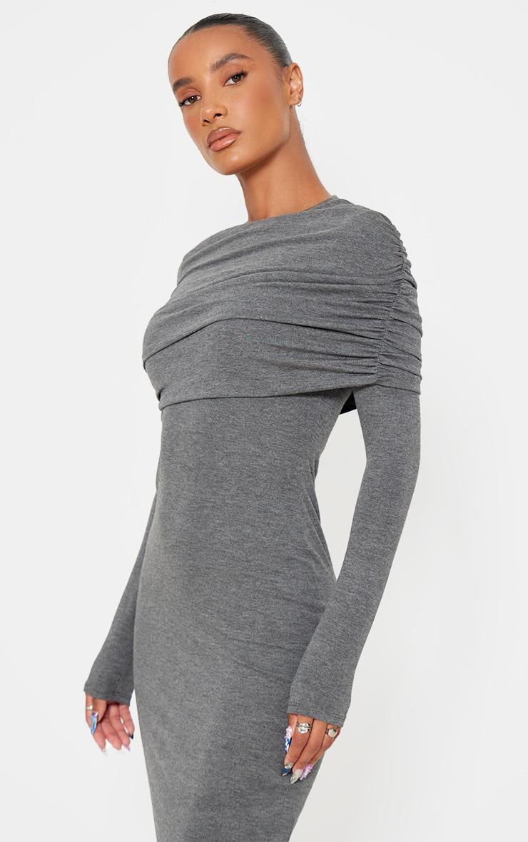 Charcoal Grey Ruched Overlay Long Sleeve Maxi Dress Product Image
