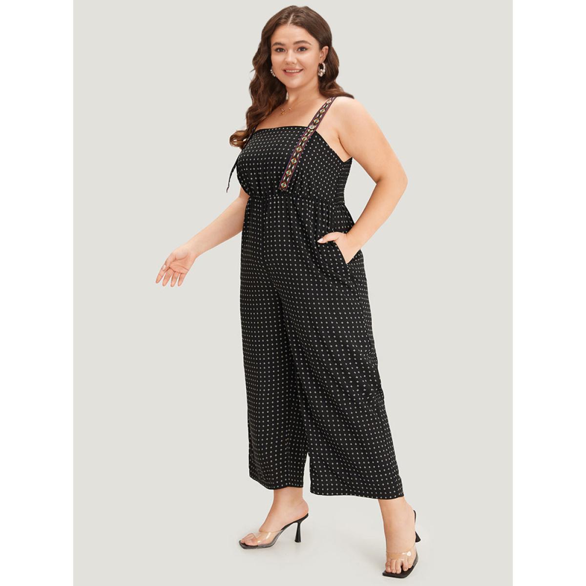 Plus Size Black Geometric Print Pocket Button Elastic Waist Cami Jumpsuit Women Casual Sleeveless Spaghetti Strap Dailywear Loose Jumpsuits BloomChic 26/4X Product Image