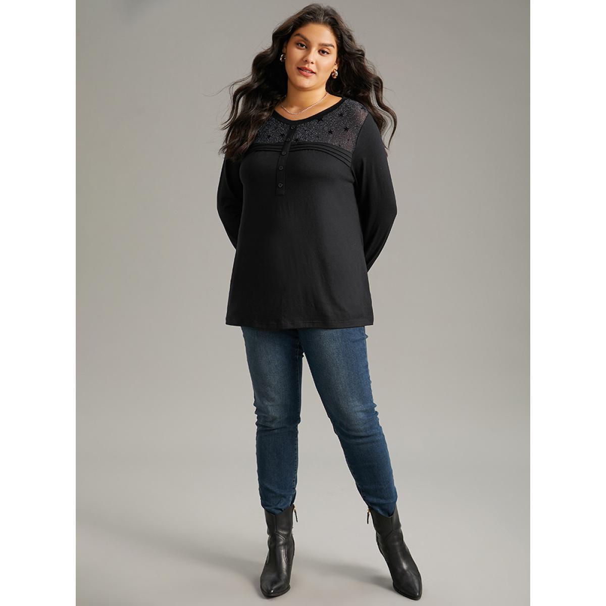 Plus Size Star Mesh Patchwork Button Detail T-shirt Black Women Elegant See through Moon and Star Round Neck Dailywear T-shirts BloomChic 28/5X Product Image