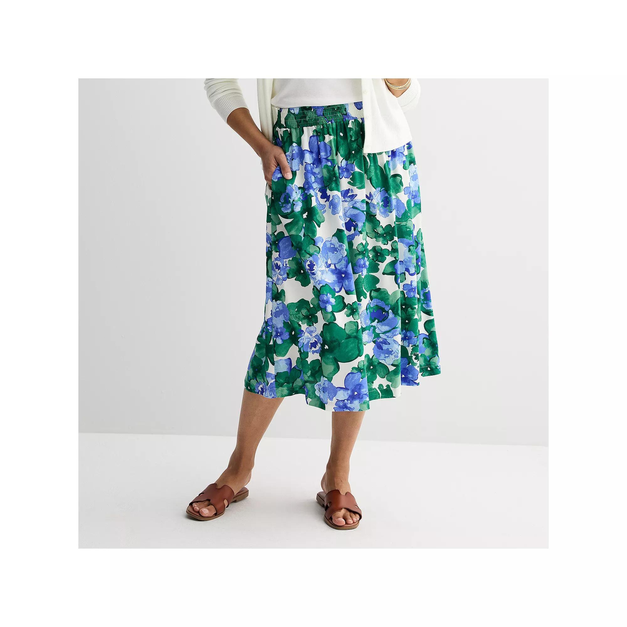 Women's Croft & Barrow® Elastic Waist Midi Skirt, Size: XS, Blue Blue Floral Product Image