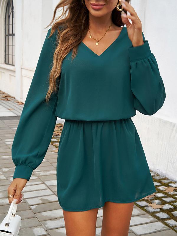A-Line High Waisted Elasticity Pleated Solid Color V-Neck Mini Dresses Product Image