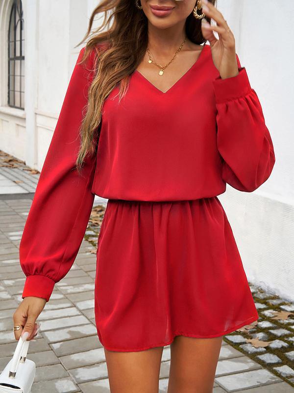 A-Line High Waisted Elasticity Pleated Solid Color V-Neck Mini Dresses Product Image