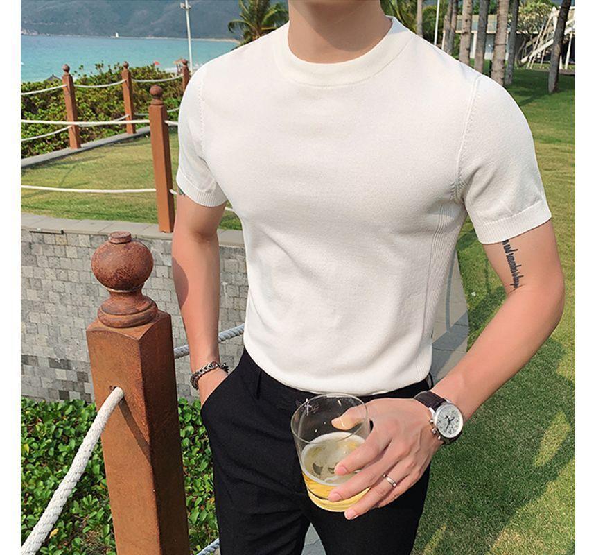 Short-Sleeve Crew Neck Plain Knit Top Product Image