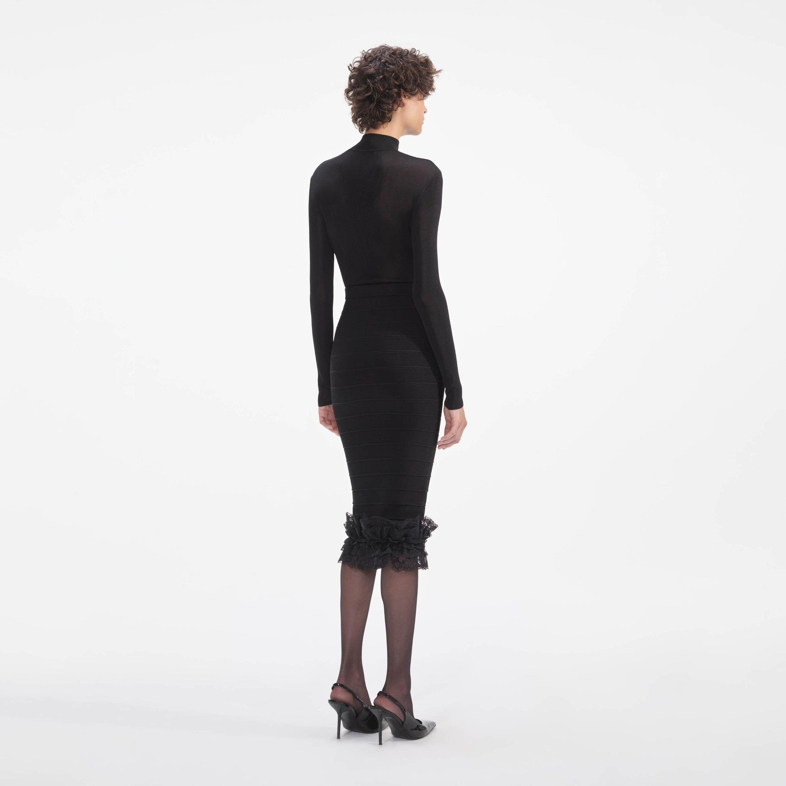 Black Ruffle Knit Midi Skirt Product Image
