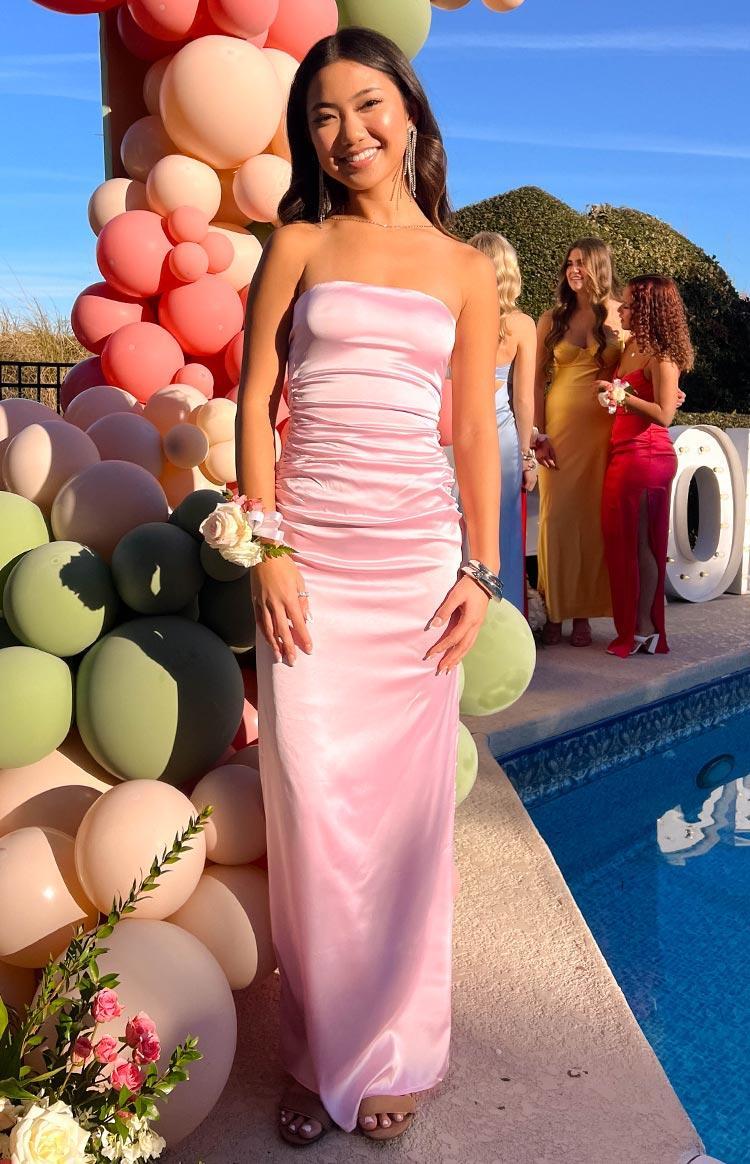 Pink Bloom Satin Strapless Maxi Dress Product Image