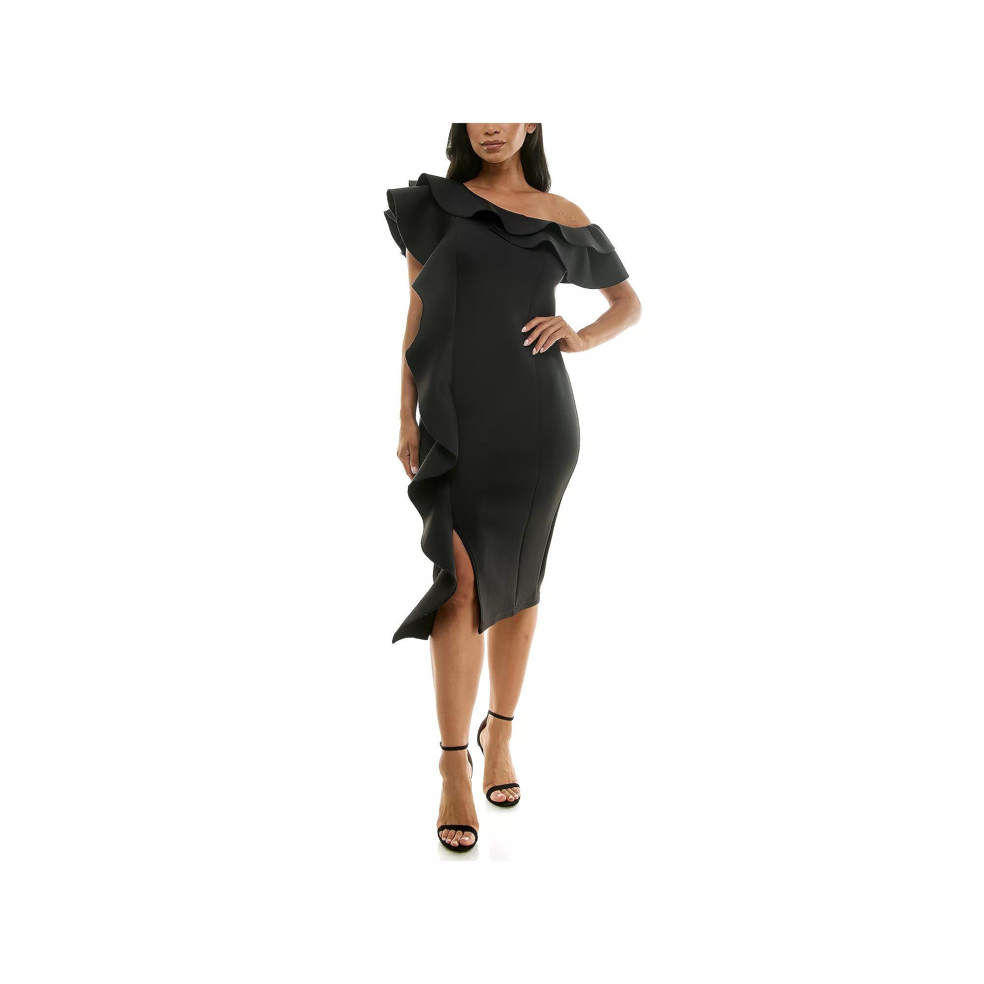 Women's Nina Leonard Off-The-Shoulder Ruffle Dress, Size: Medium, Black Product Image