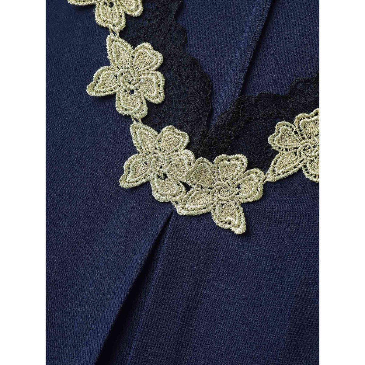 Plus Size Petal Sleeve Waist-Tie Lace Midi Dress Navy Women Elegant Woven ribbon&lace trim V-neck Short sleeve Curvy BloomChic 28/5X Product Image