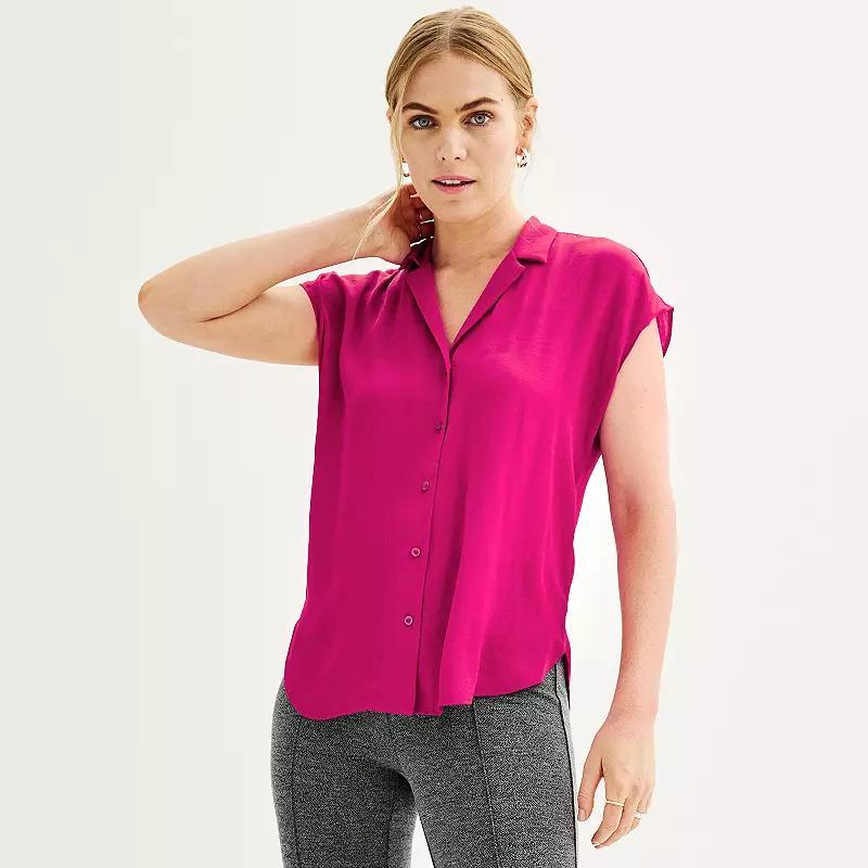 Women's Petite Nine West Short Sleeve Easy Lapel Shirt, Size: XXL Petite, Black Product Image