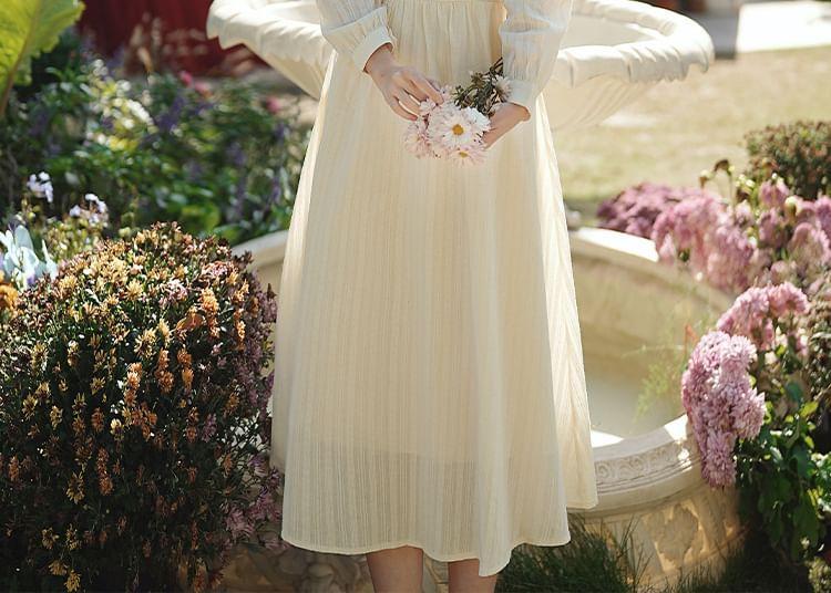 Long-Sleeve Stand Collar Embroidered Maxi A-Line Dress Product Image