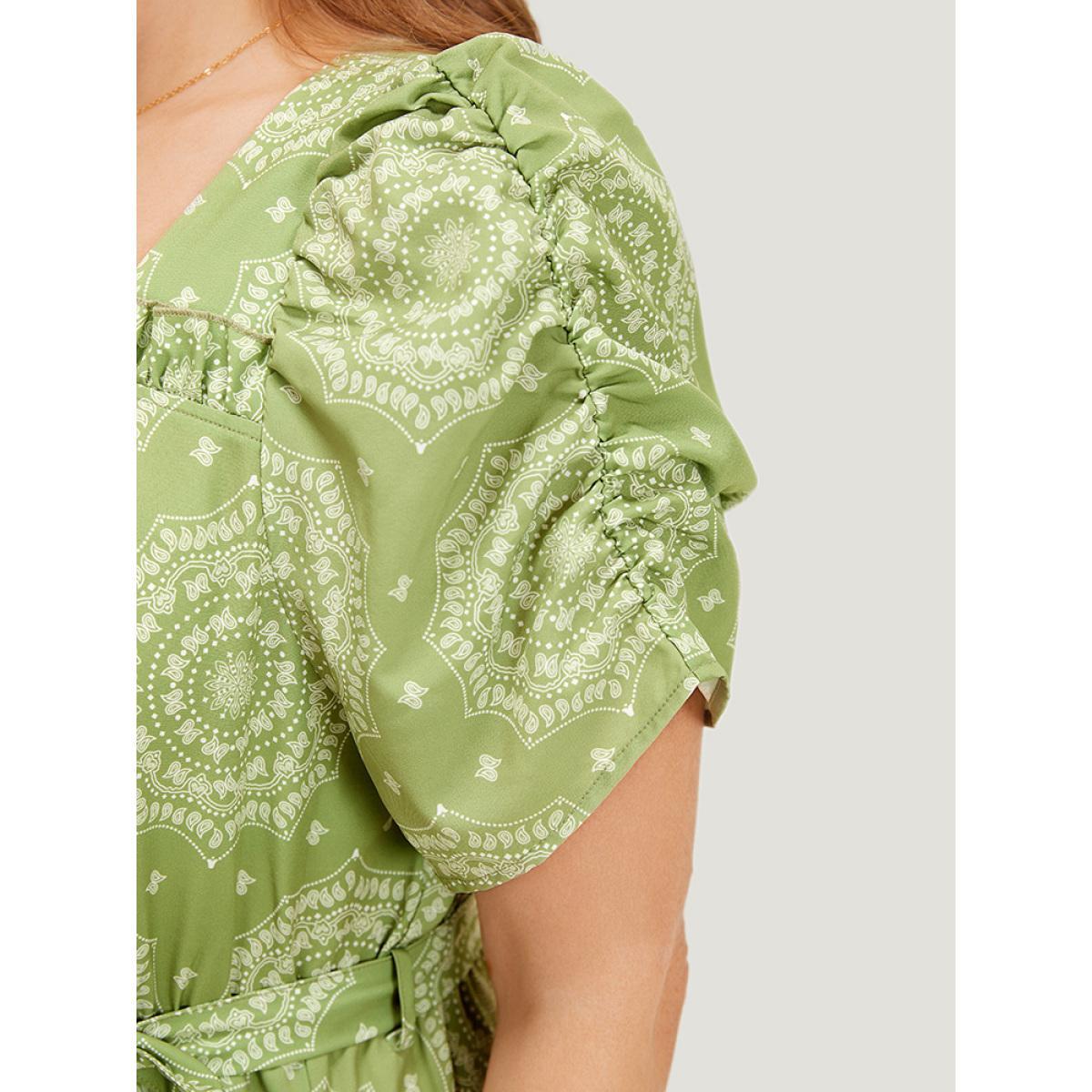 Plus Size Bandana Print Ruched Sleeve Frill Trim Pocket Belt Dress LightGreen Women Vacation Ruched Square Neck Short sleeve Curvy Midi Dress BloomChic 28/5X Product Image