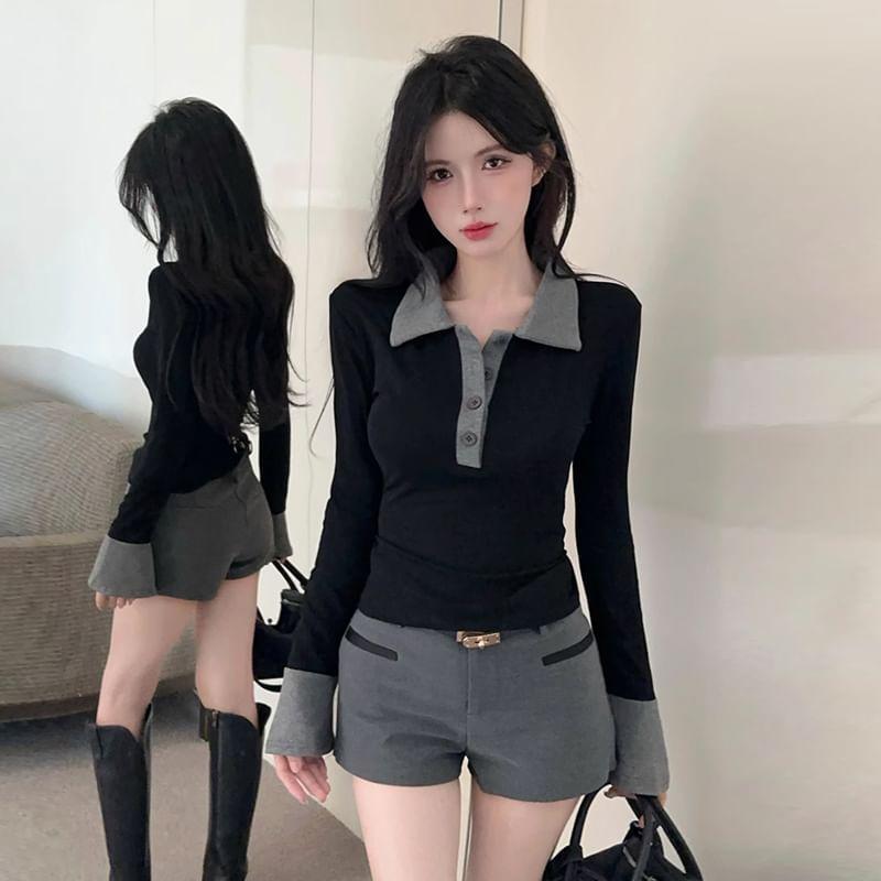 Flared-Sleeve Collar Two Tone Tee Product Image
