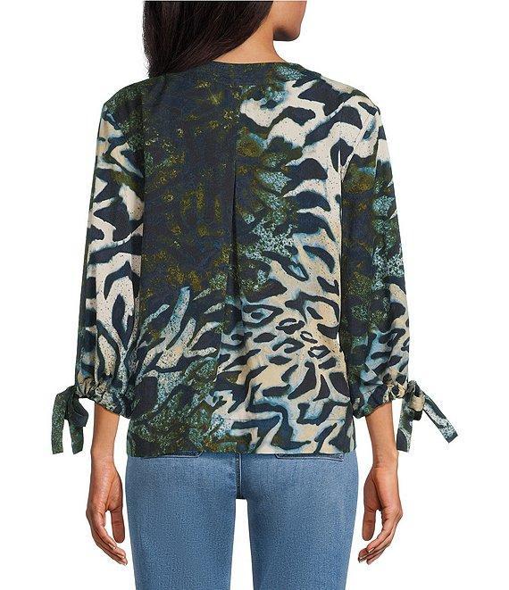 Westbound Dark Denim Animal Pigment Print 3/4 Tie Sleeve Top Product Image