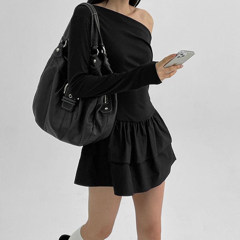 Long-Sleeve Off Shoulder Plain Mini A-Line Dress Product Image