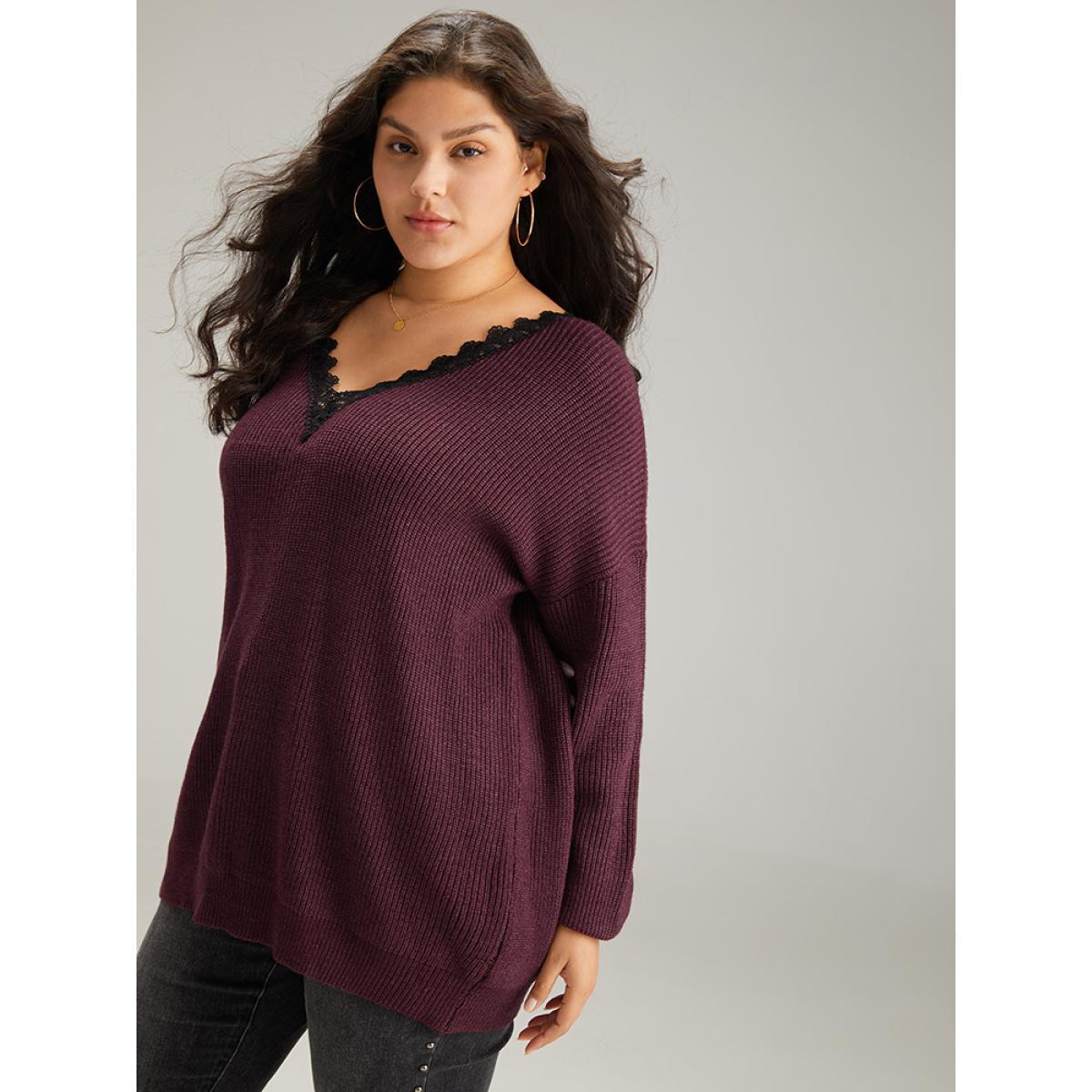 Plus Size Supersoft Essentials Lace Insert Drop Shoulder Pullover Burgundy Women Casual Loose Long Sleeve V-neck Dailywear Pullovers BloomChic 28/5X Product Image
