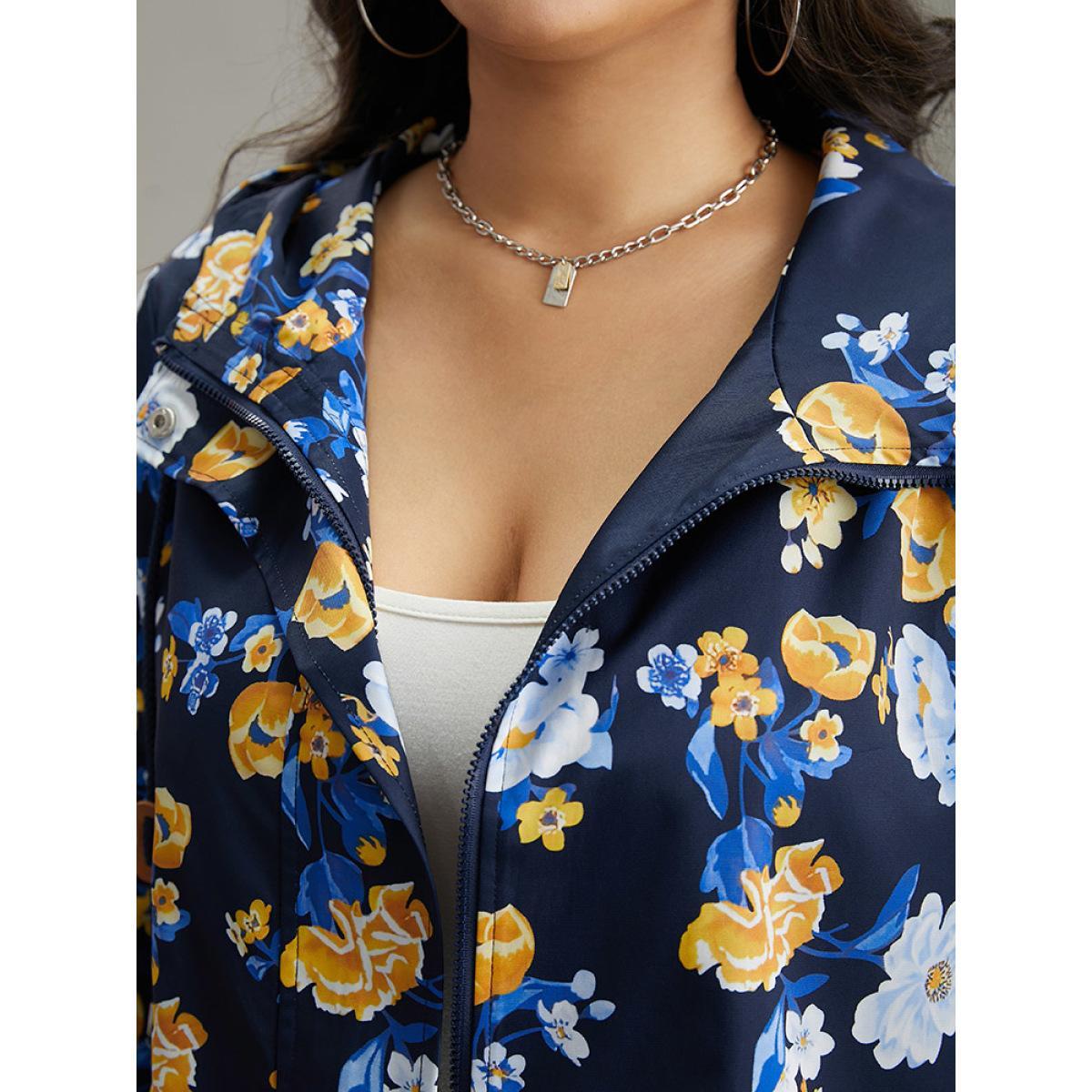Plus Size Boho Print Drawstring Hooded Zipper Jacket Women Indigo Printed Pocket Dailywear Jackets BloomChic 10/M Product Image