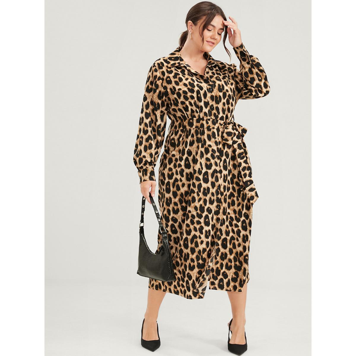 Plus Size Leopard Pocket Button Belted Shirt Collar Midi Dress Leopard Women Office Belted Shirt collar Long Sleeve Curvy Midi Dress BloomChic 28/5X Product Image