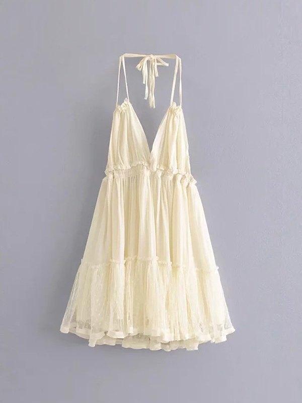 Lace Patchwork Halter Mini Dress Product Image