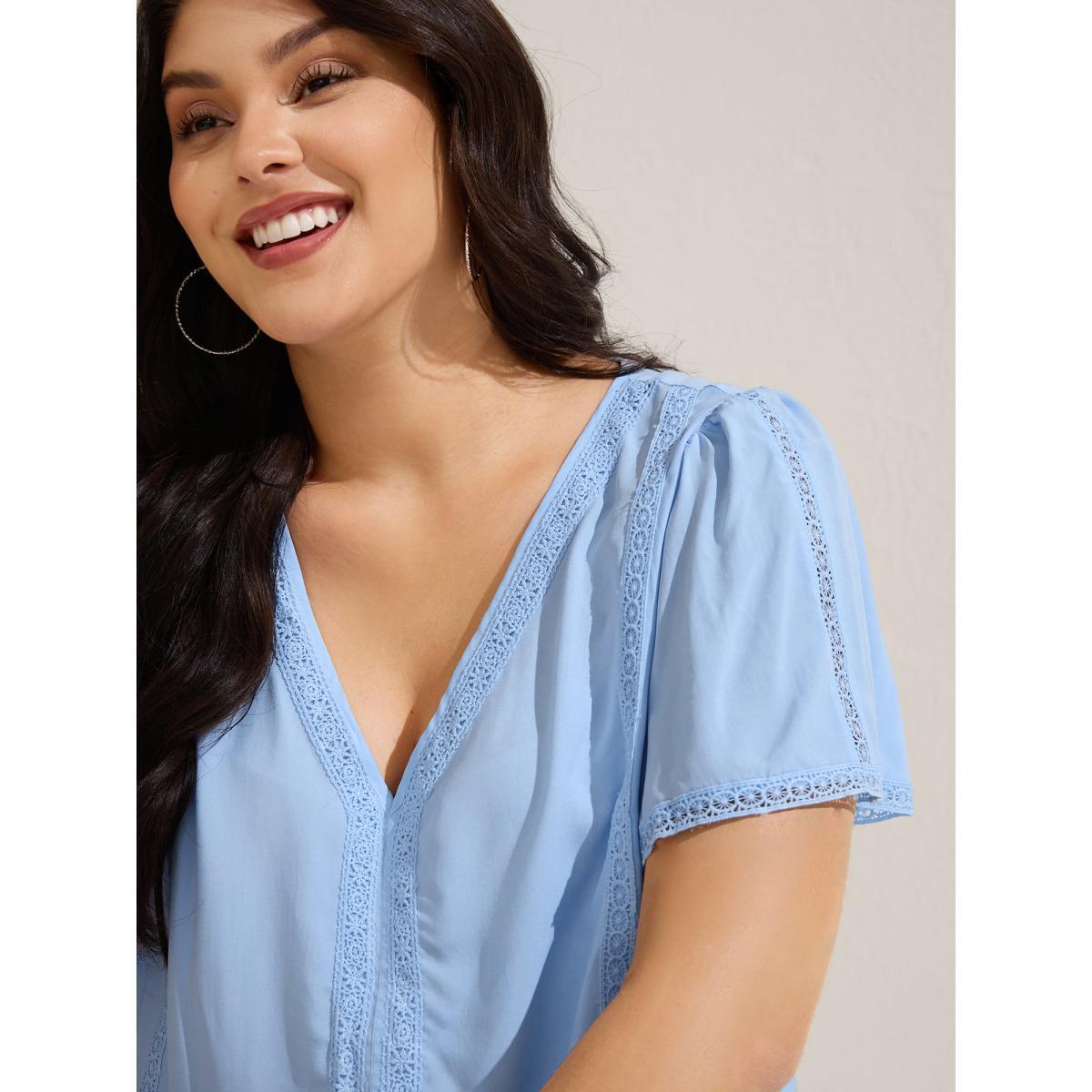 Plus Size LightBlue Rayon Lace Trim Spliced Blouse Women Short sleeve V-neck Vacation Blouses BloomChic 26/4X Product Image