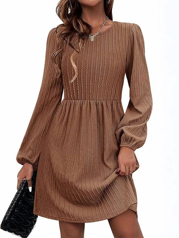 A-Line Long Sleeves Jacquard Solid Color Round-Neck Mini Dresses Product Image