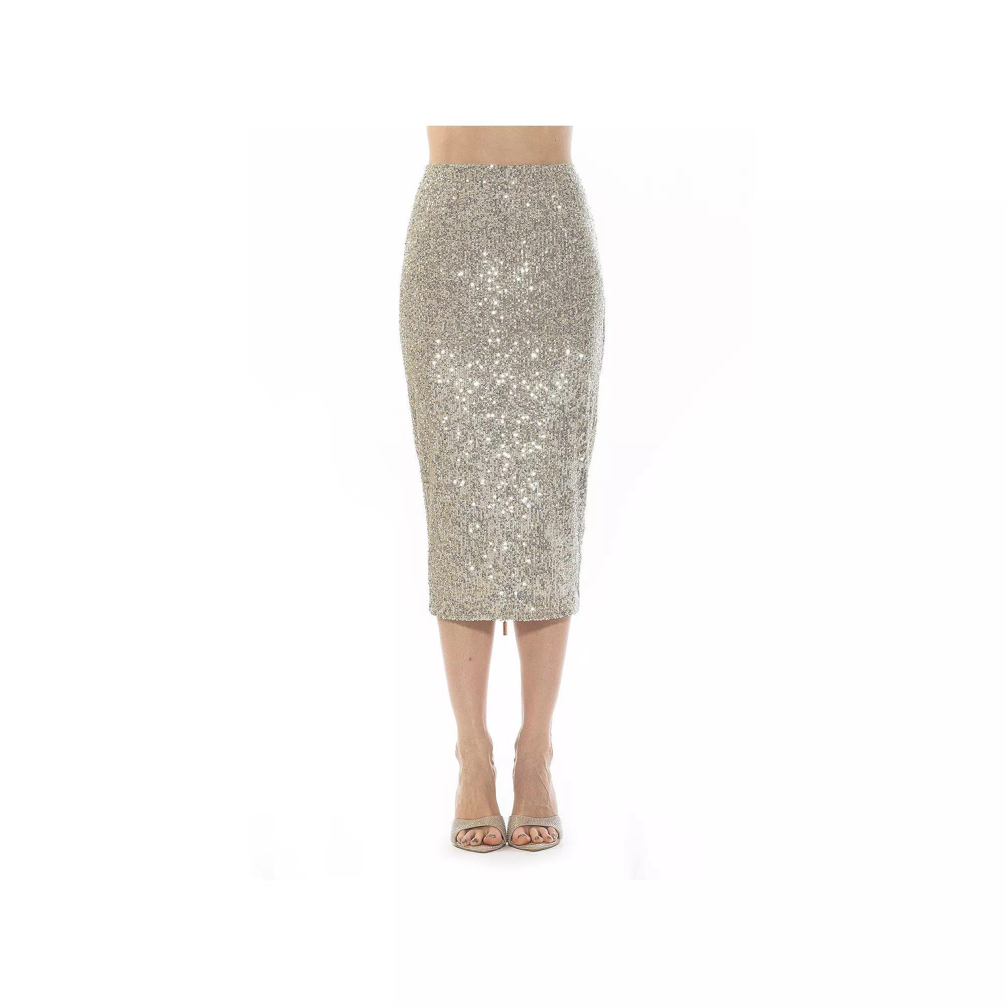 Women's ALEXIA ADMOR Ana Midi Sequin Pencil Skirt with Full Back Expose, Size: 10, Black Product Image