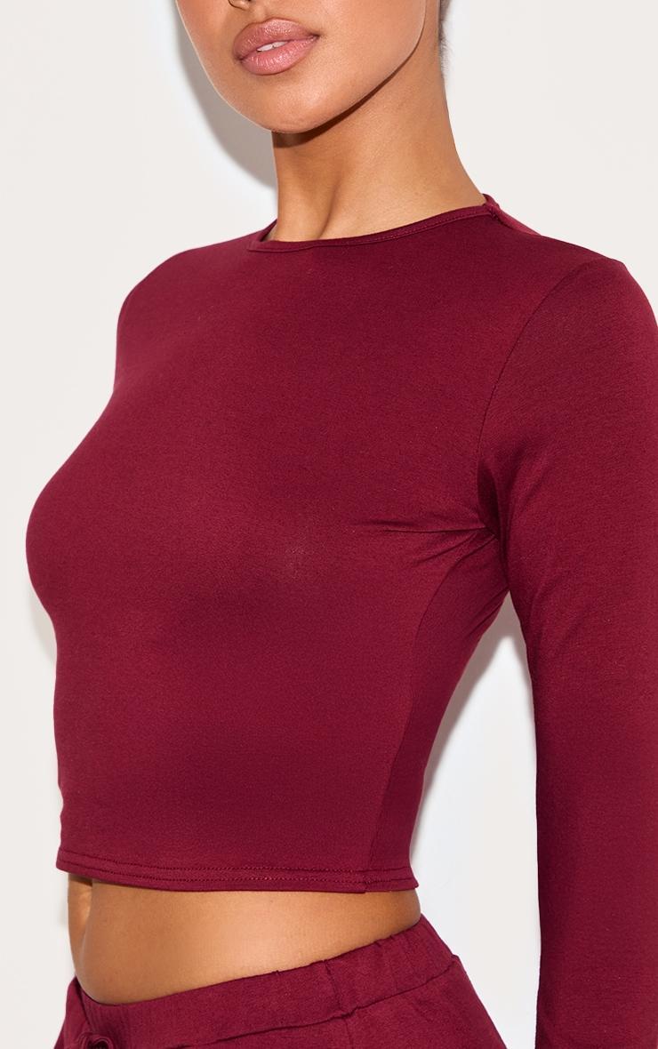 Burgundy Cotton Long Sleeve Crew Neck Top Product Image