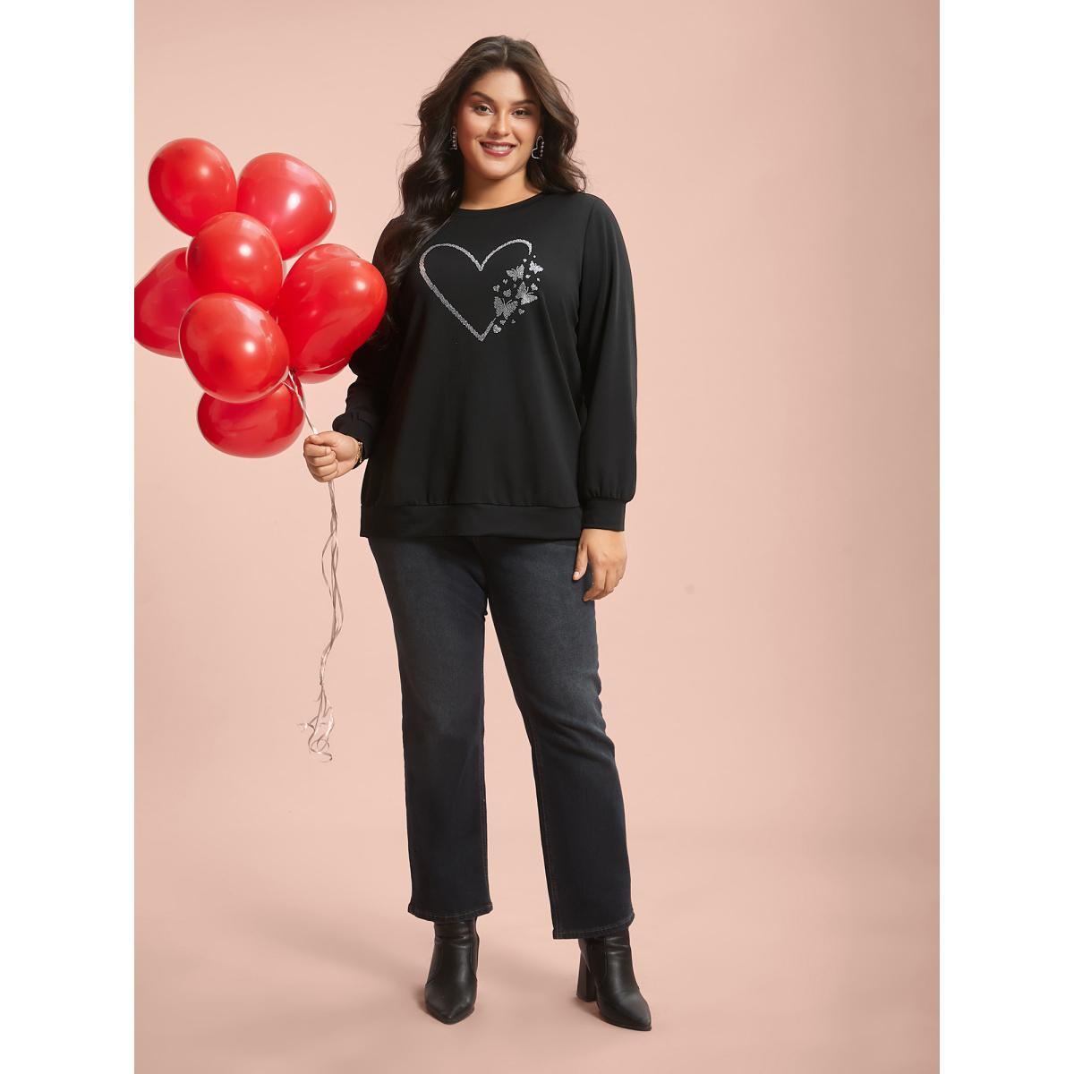 Plus Size Love Rhinestone Shiny Stretchy Fitted Sweatshirt Women Black Elegant Rhinestone detailing Round Neck Everyday Sweatshirts BloomChic 18-20/2X Product Image